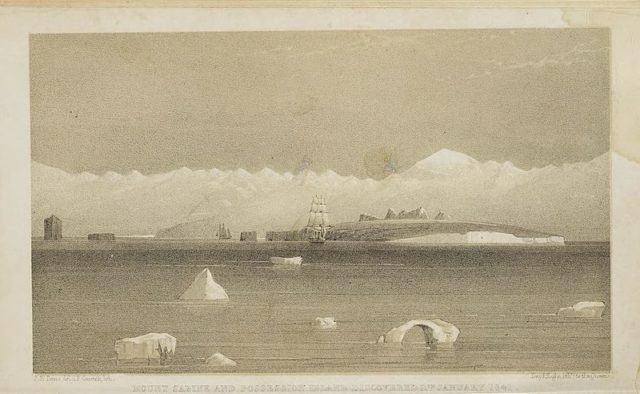 Illustration from A Voyage of Discovery in the Antarctic Regions During the Years 1839–43, by Sir James Clark Ross. “Mount Sarine and Possession Island Discovered 11th January 1841.”