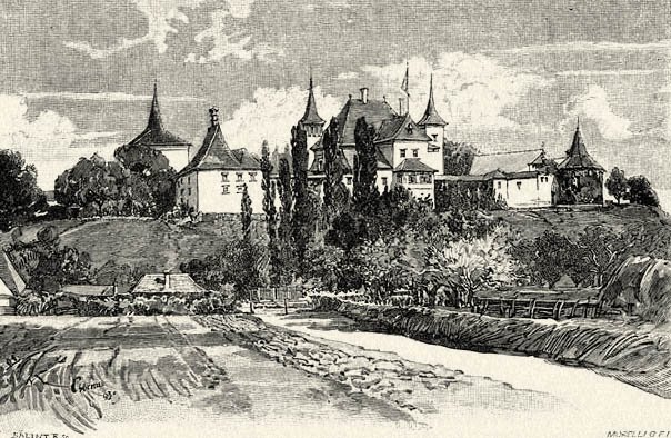 Vintage engraving of Kornis Castle, probably made in 1800