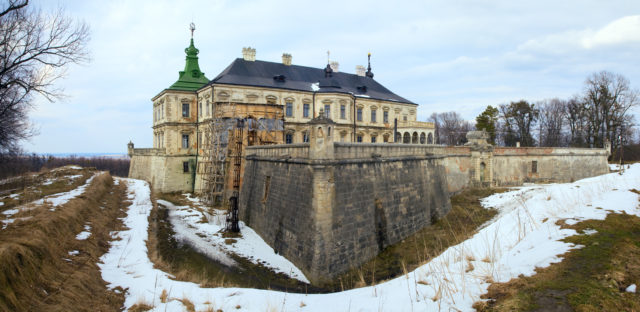 Spring panorama view of old Pidhirtsi Castle