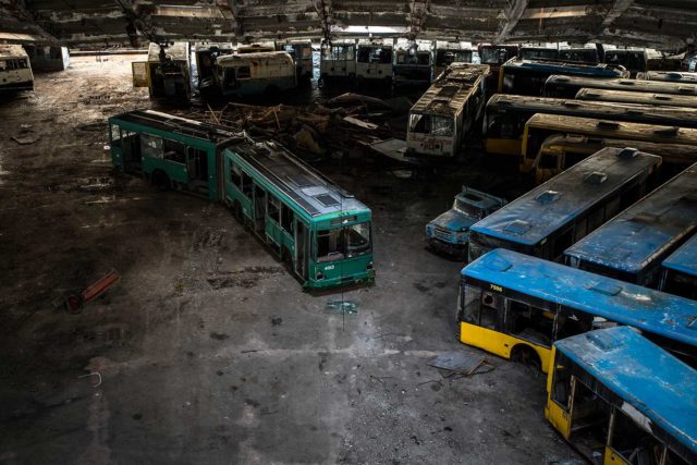 Overhead view of abandoned buses