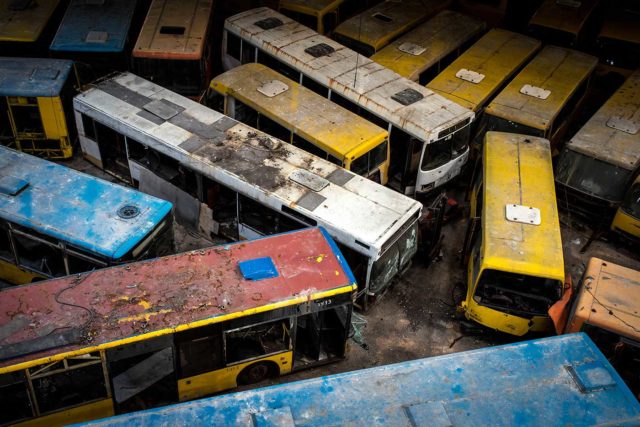Overhead view of abandoned buses