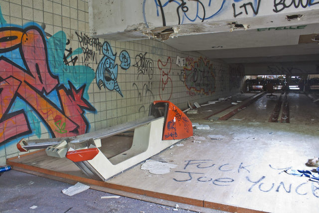 Bowling lanes covered in debris at the Hudson River State Hospital