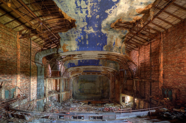 Rotting interior of Gary's Palace Theater