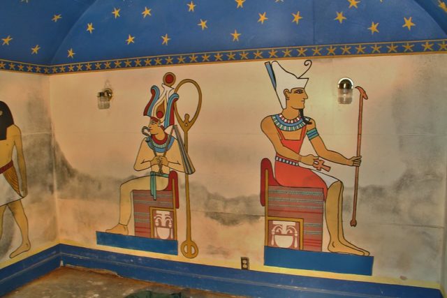 Two ancient Egyptian pharaohs painted on a wall at Magic Island