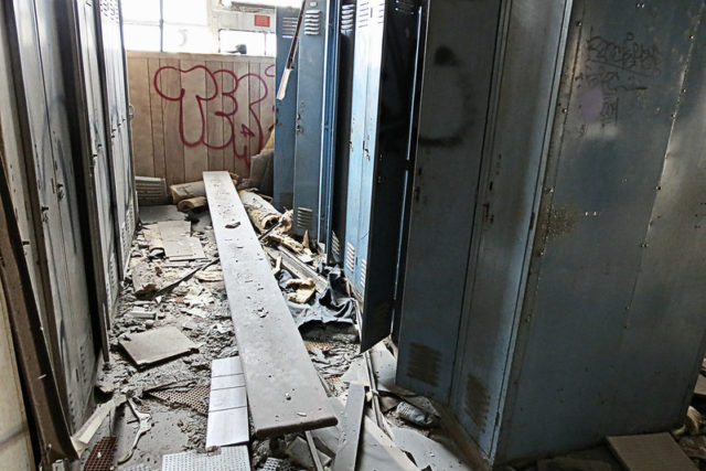 Lockers surrounded by debris