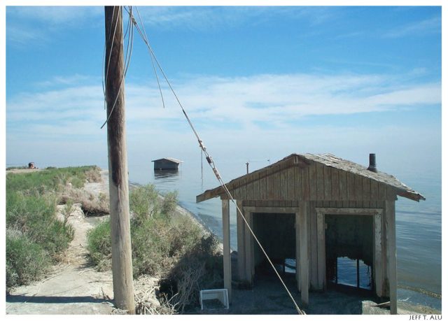 Abandoned buildings along the Salton Sea coast