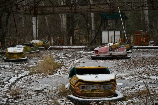 Bumper cars in an abandoned amusement park in Pripyat