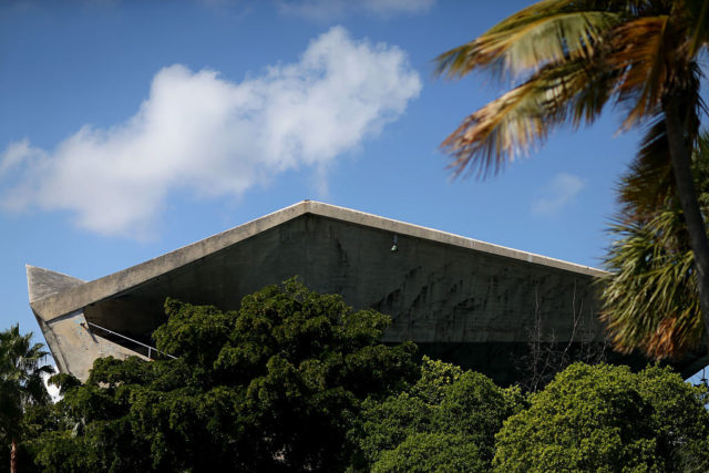 Concrete pillars and the roof of Miami Marine Stadium