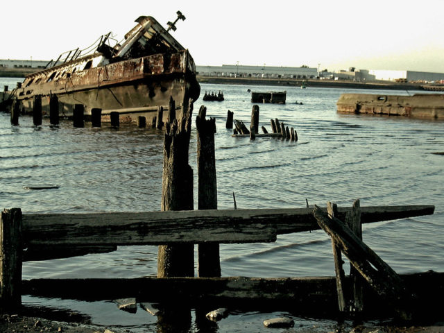 Leaning ship at the Staten Island Tugboat Graveyard