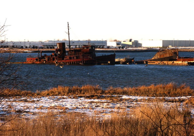 View of the Staten Island tugboat graveyard from land