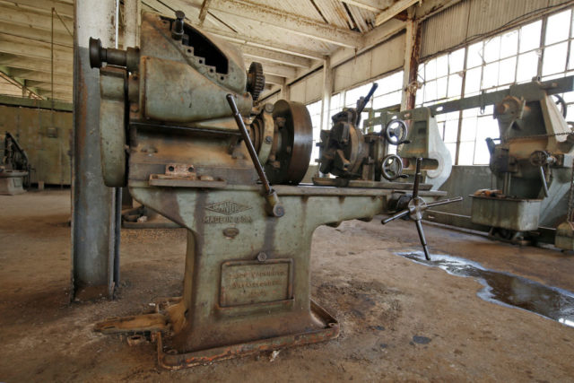 Rusted machinery inside a factory