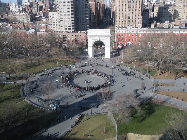An aerial view of Washington Square Park and the start of Fifth Avenue, as seen from New York University’s Kimmel Center on Washington Square South.