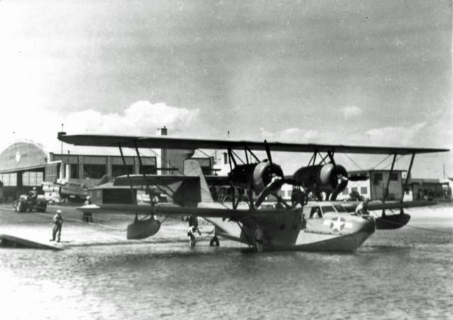 A U.S. Coast Guard Hall PH-3 flying boat (V179) on the ramp at Coast Guard Air Station, Floyd Bennett Field, New York (USA), in 1944.