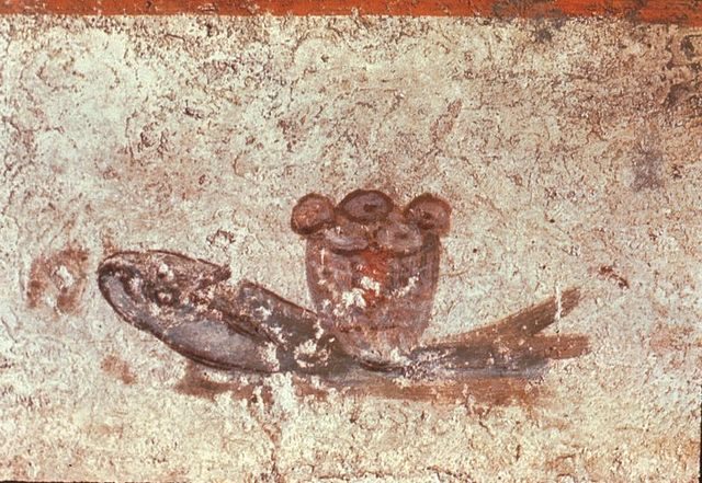 The fish and loaves fresco, Catacombs of San Callisto.