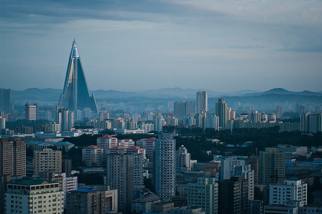 Ryugyong Hotel stands out in the cityscape of Pyongyang, North Korea. Author: m•o•m•o CC-BY 2.0