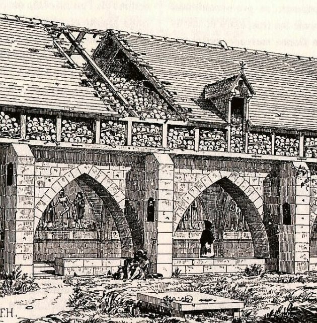 Charnier (charnel house) in Les Innocents, with a mural of The Dance of Death.