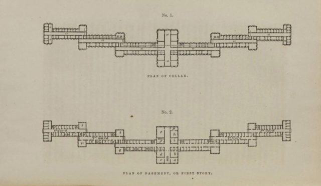 Floor plan for the Kirkbride design from an 1854 lithograph from ‘On the Construction, Organization, and General Arrangements of Hospitals for the Insane’ by Thomas Story Kirkbride (1809–1883), first published 1854.