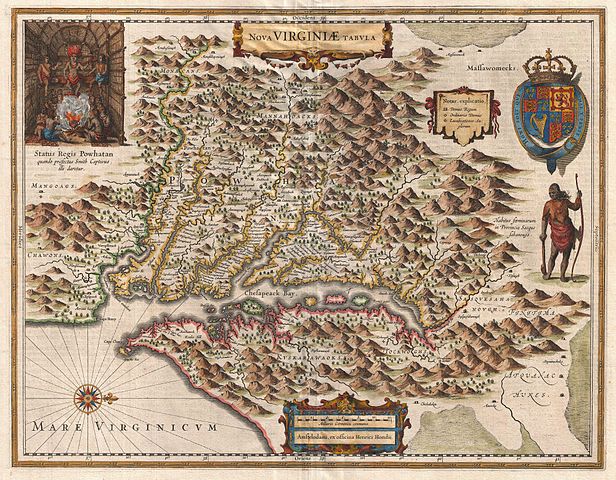 Later (1630) version of the 1612 map by Captain John Smith during his exploration of the Chesapeake. Note that the map is oriented with west at top. Public Domain