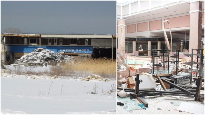 Left: The Blues Brothers drove through here in the movie. Zol87, CC BY-SA 2.0 Right: Cloverleaf Fountain Plaza, abandoned and left to decay. Will Fisher, CC BY-SA 2.0