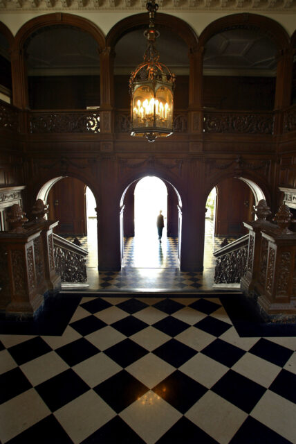 View looking down a staircase at Greystone Mansion.
