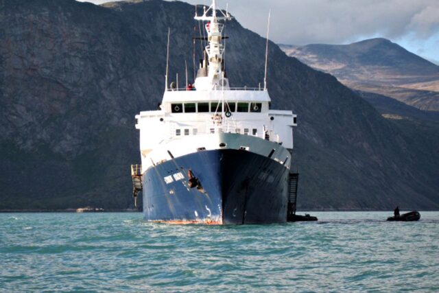 MV Lyubov Orlova anchored in Pangnirtung Fjord