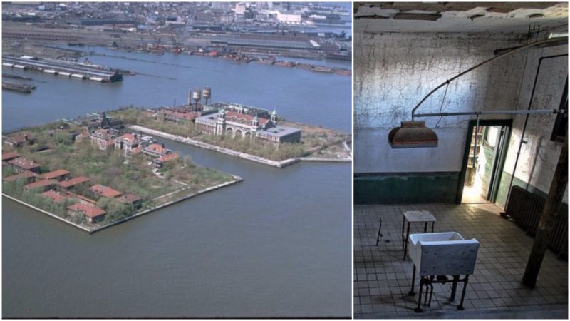 Left: Ellis Island as seen from the air in the early 1970s. Right: A room indie the hospital. Forsaken Fotos, CC BY 2.0