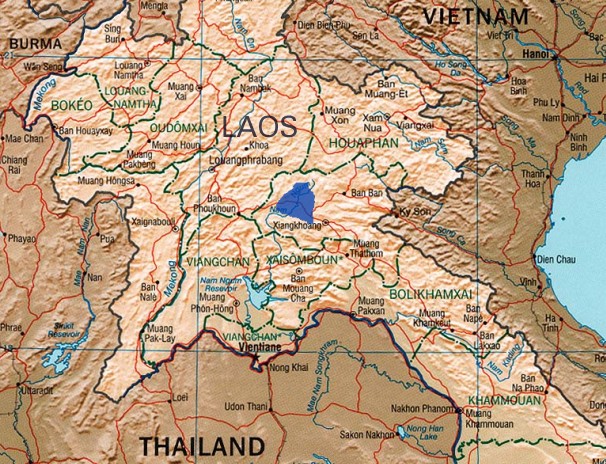 Location of Plain of Jars and Xieng Khouang plain (blue shading).