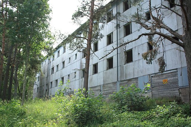 The vegetation has overgrown the entrances of the buildings. Photo credit: Migro, CC0 1.0