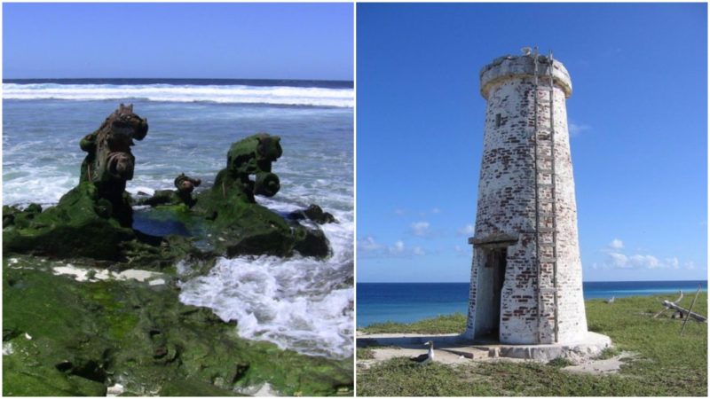 Left: Landing craft wreckage on Baker Island coast. Right: Day Beacon, Baker Island. Photos: Joann94024, CC BY-SA 3.0