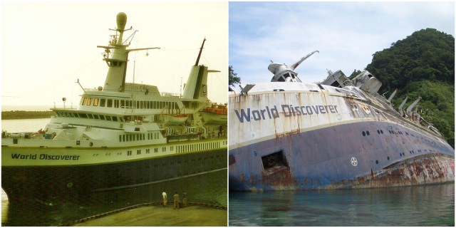 Left: MS World Discoverer in Salaverry. Photo Credit: Aah-Yeah, CC BY 2.0. Right: World Discoverer wreck off Guadalcanal. Photo Credit: Philjones828, CC BY-SA 3.0 