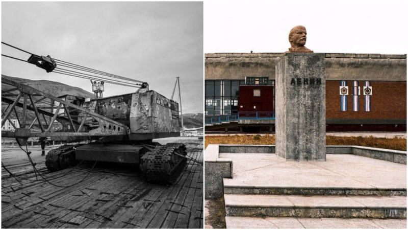 Left: Abandoned mining equipment. Photo Credit: Frode Bjorshol, CC BY 2.0. Right: The northernmost monument to Vladimir Lenin. Photo Credit: Christopher Michel, CC BY 2.0