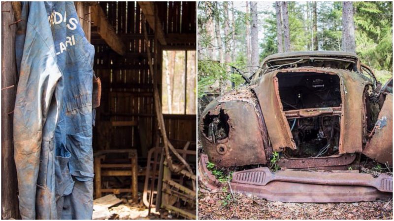 Left: Work clothes left hanging on the hook. Right: An abandoned car.  Both Photos, Susanne Nilsson, CC BY-SA 2.0