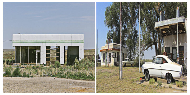 Left: Closed café in Glenrio, Christian M. Mericle, CC BY 3.0. Right: Ghost town, Peer Lawther, CC BY 2.0 
