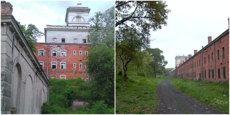 Left: Some of the buildings are overgrown with vegetation Photo credit: Lollencja, CC BY-SA 3.0 pl Right: Barracks within the Modlin fortress Photo credit: Klemens, CC BY-SA 2.5