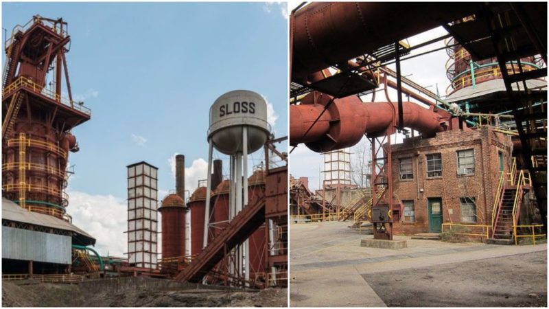 Left: A north view of the Sloss Furnaces, Birmingham, Alabama. Photo Credit: DXR, CC BY-SA 4.0. Inside the Sloss Furnaces complex. Photo Credit: Joevare, CC BY-ND 2.0