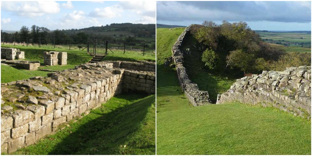Left: A section of wall, Photo Credit: Mike Quinn, CC BY-SA 2.0 Right: Classic Hadrian's wall. Photo Credit: Oliver Dixon, CC BY-SA 2.0