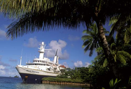 The ship World Discoverer docked in Palmyra, Line Islands. Photo Credit: Angela K. Kepler