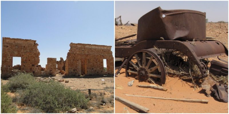 Left: Ruins of Exchange Hotel. Peterdownunder, CC BY-SA 4.0 Right: Swallowed by the desert. Hal Jacob, CC BY-ND 2.0