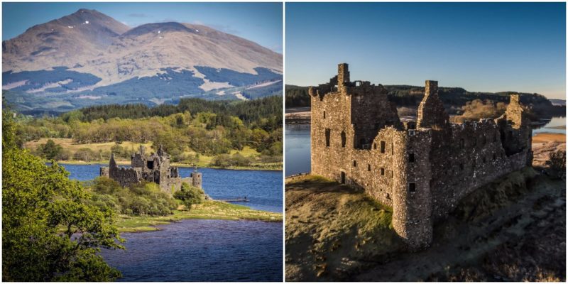 Kilchurn Castle sits on a rocky peninsula at the northeastern end of Loch Awe, in Argyll and Bute, Scotland. Left: 4652 Paces, CC BY-ND 2.0. Right: Ian Dick, CC BY 2.0