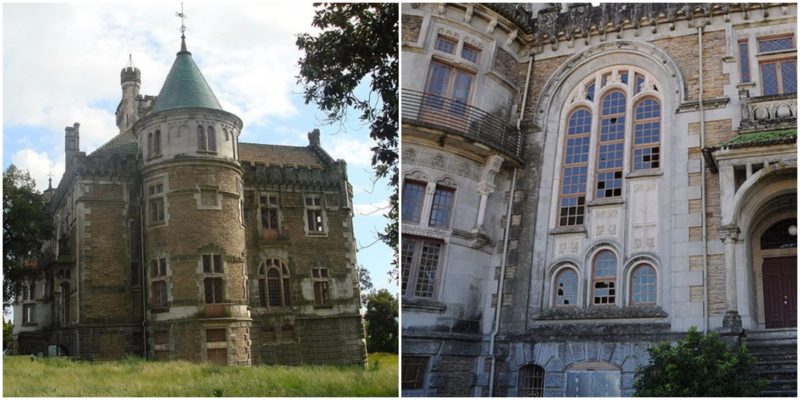 Left: The rounded tower along the northern facade. Photo credit: Joseolgon, CC BY-SA 3.0. Right: Detail of the front entrance, showing the large arcade windows. Photo credit: José Goncalves, CC BY 3.0