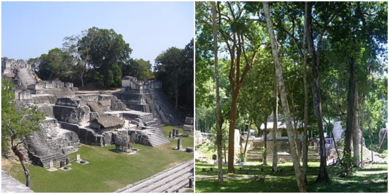 Left: The North Acropolis. Photo credit: Peter Andersen, CC BY 2.5. Right: The Plaza of the Seven Temples. Photo credit: Simon Burchell, CC BY-SA 3.0