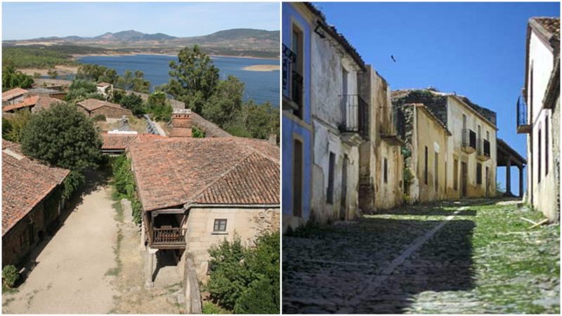 Left: View of the town and the Gabriel and Galan Reservoir. Photo credit: Discasto, CC BY-SA 3.0 es Right: Abandoned streets in Granadilla. Photo credit: Patrick, CC BY-SA 3.0