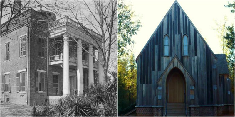 Left: Kirkpatrick mansion on Oak Street, burned in 1935. Right: St. Luke's Episcopal Church in Cahaba, Alabama, United States. Photo Credit: Jeffrey Reed, CC BY-SA 3.0