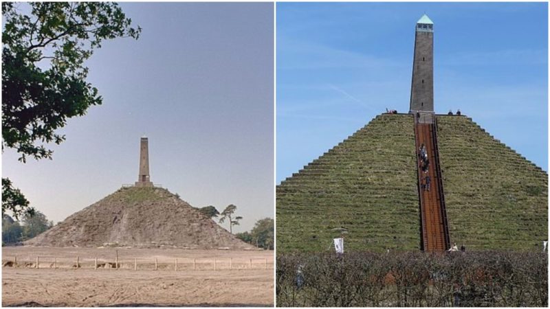 Left: The Pyramid of Austerlitz and the stone obelisk before restoration Photo credit: Rijksdienst voor het Cultureel Erfgoed, CC BY-SA 4.0. The central staircase Photo credit: G.Lanting, CC BY-SA 4.0 