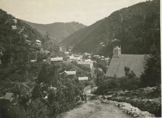 view of Walhalla, Victoria in 1910 showing church