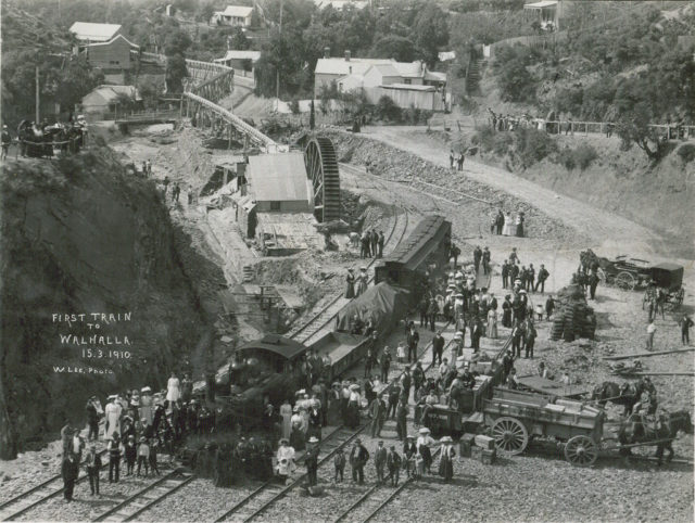 The first train to arrive at Walhalla, Victoria in 1910