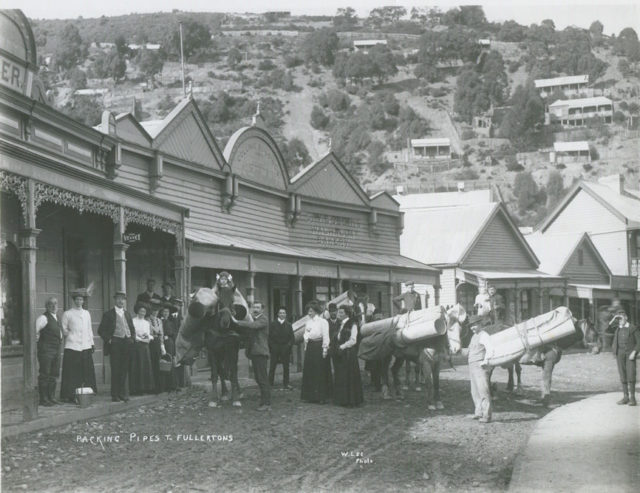 Township of Walhalla, Victoria ca 1910 with horses loaded with goldmine supplies