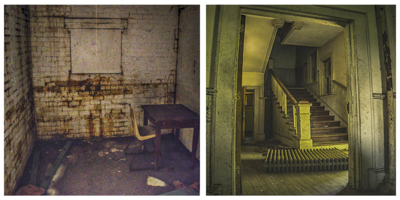 Left: An inside room. SBSTNC, CC BY 2.0 Right: A lonely staircase.  SBSTNC, CC BY 2.0
