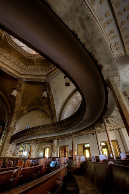 View of the Woodward Avenue Presbyterian Church's balcony from the main floor