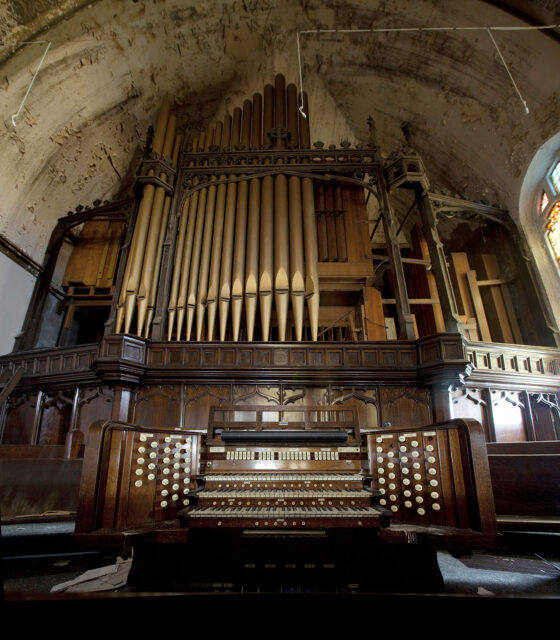 Close-up of a large church organ